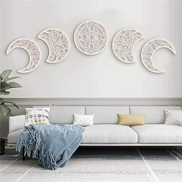 Nordic Wood Moon Phase Wall Art (5 Pieces) - Natural Design, Boho Bedroom - Picture 8 of 8